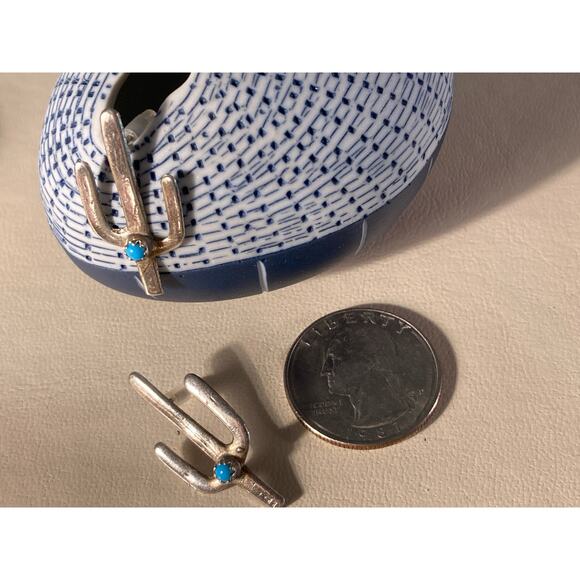 Silver & Turquoise Earrings Tiny Cactus Saguaro Pierced ~ Desert Love - Picture 3 of 7